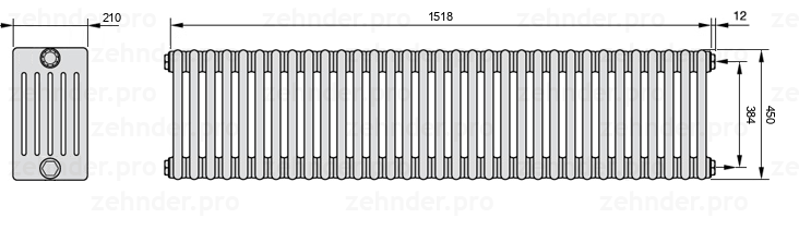 Схема (чертеж) Радиатор Zehnder Charleston 6045/33 №7610 Белый глянцевый RAL 9016